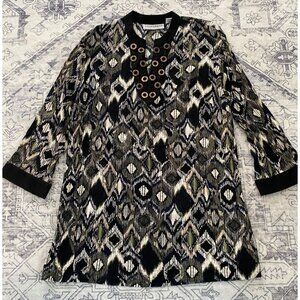 Sag Harbor Womens Large Black & Green Tunic Top Embellished Neckline 3/4 Sleeves